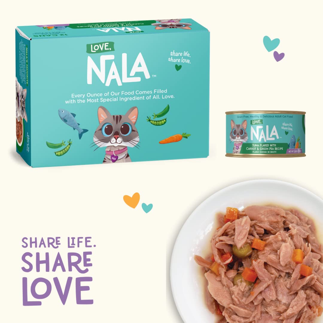 LOVE, NALA - Natural Adult Cat Wet Food - FLAKED Tuna with Carrot & Green Pea in Broth - Grain Free, Non-GMO, Lean Protein, Added Minerals & Vitamins - 12 Pack, 2.4 lbs.