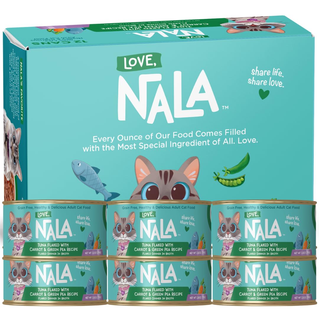 LOVE, NALA - Natural Adult Cat Wet Food - FLAKED Tuna with Carrot & Green Pea in Broth - Grain Free, Non-GMO, Lean Protein, Added Minerals & Vitamins - 12 Pack, 2.4 lbs.