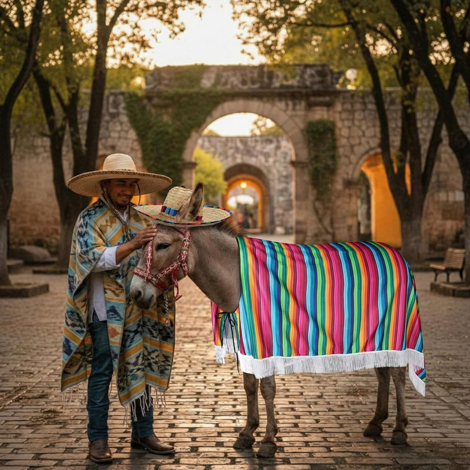 Lyrow 2 Pcs Mexican Donkey Costume Accessories Sombrero and Poncho Blankets for Real Donkeys Funny Parade Outfit for Horse Large Animal Feria Del Burro Cinco De Mayo Fiesta...