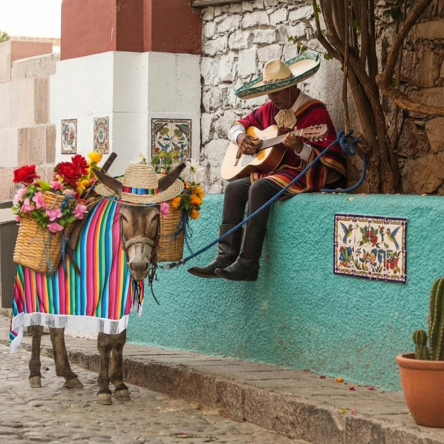 Lyrow 2 Pcs Mexican Donkey Costume Accessories Sombrero and Poncho Blankets for Real Donkeys Funny Parade Outfit for Horse Large Animal Feria Del Burro Cinco De Mayo Fiesta...