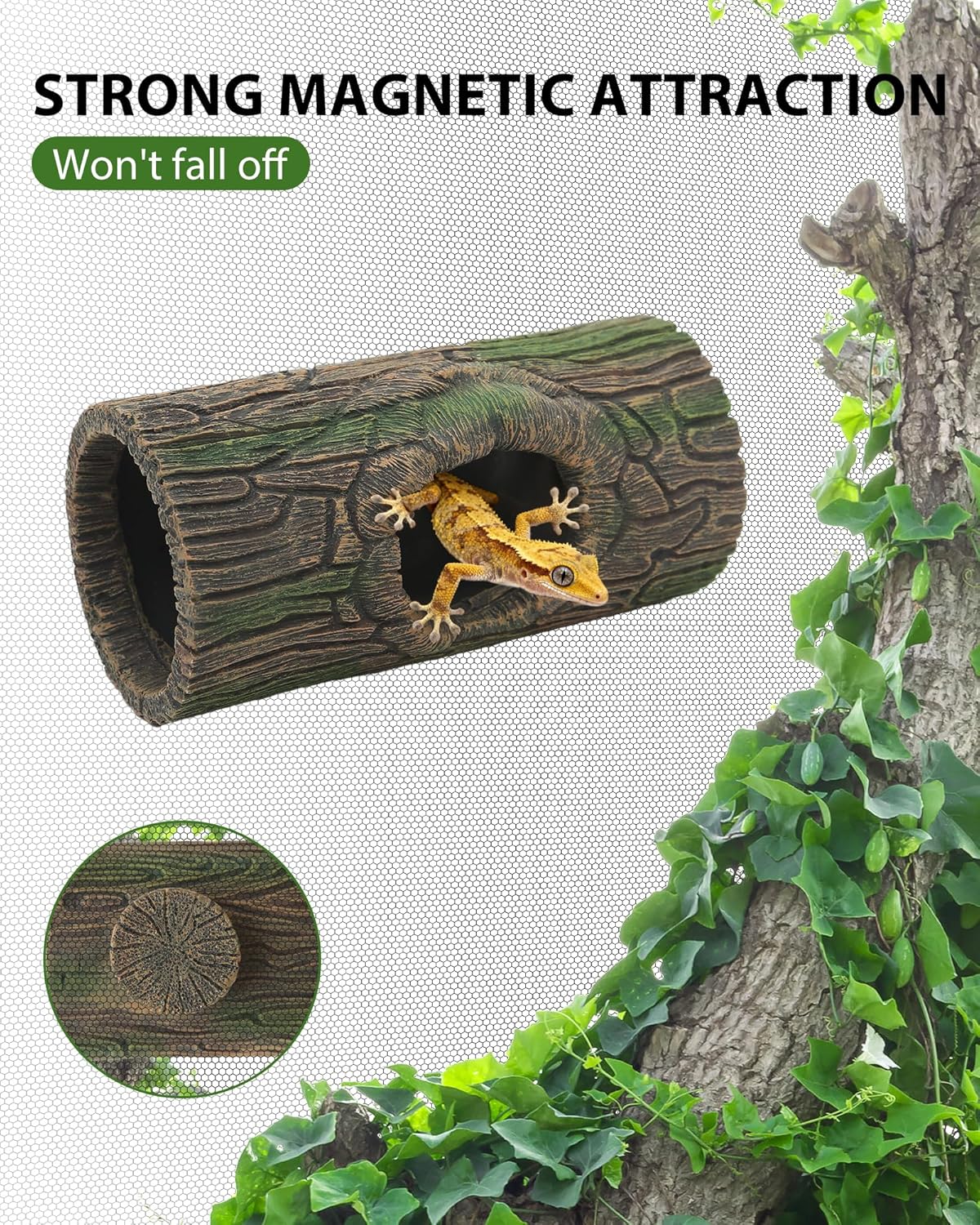 Magnetic Crested Gecko Hide - Resin Hollow Log Cave, Reptile Hide Cave, Reptile & Amphibian Habitat Hideouts, Aquariums & Terrariums Decor