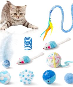 MALLMALL6 10Pcs Cat Toy Set Interactive Cat Toys Pack Including Feather Teaser Wand Cat Springs Mice Crinkle Balls and Pet Bell Balls, Puzzle Toys for Indoor Cats Gift (Pink)