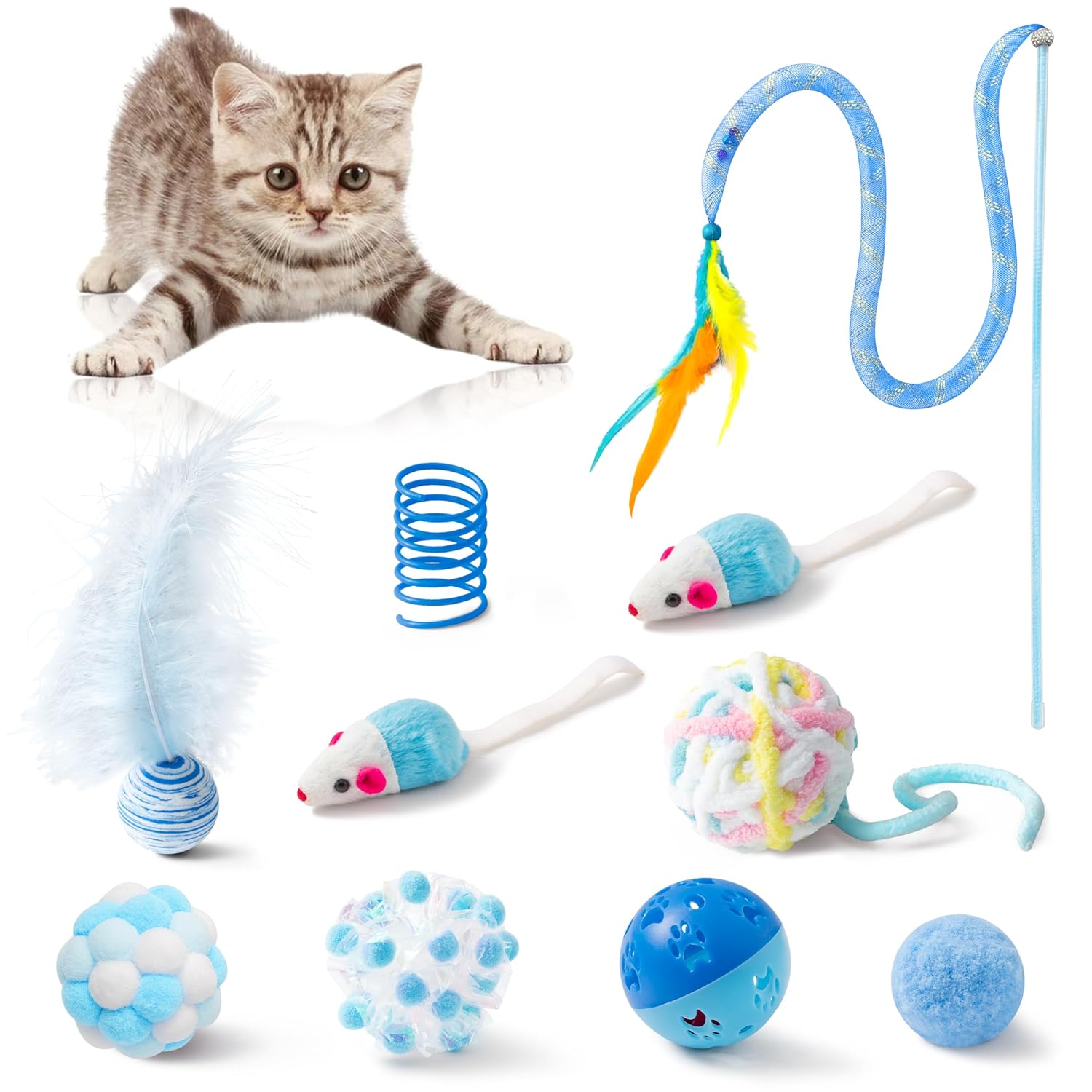 MALLMALL6 10Pcs Cat Toy Set Interactive Cat Toys Pack Including Feather Teaser Wand Cat Springs Mice Crinkle Balls and Pet Bell Balls, Puzzle Toys for Indoor Cats Gift (Pink)