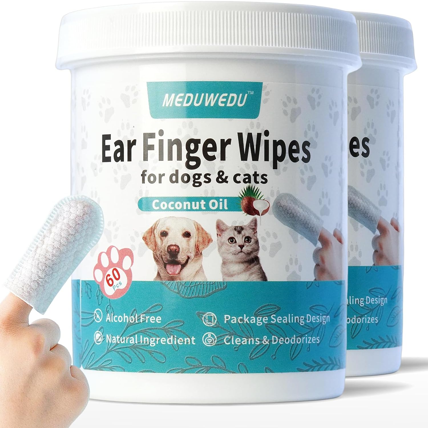 MEDUWEDU Ear Cleaner Finger Wipes 60 Counts, Dog Ear Cleaner, Grooming Kit Care for Dogs and Cats, Soft & Easy Otic Cleaning Pads, Remove Wax, Dirt & Stop Smelly, Itchy,...