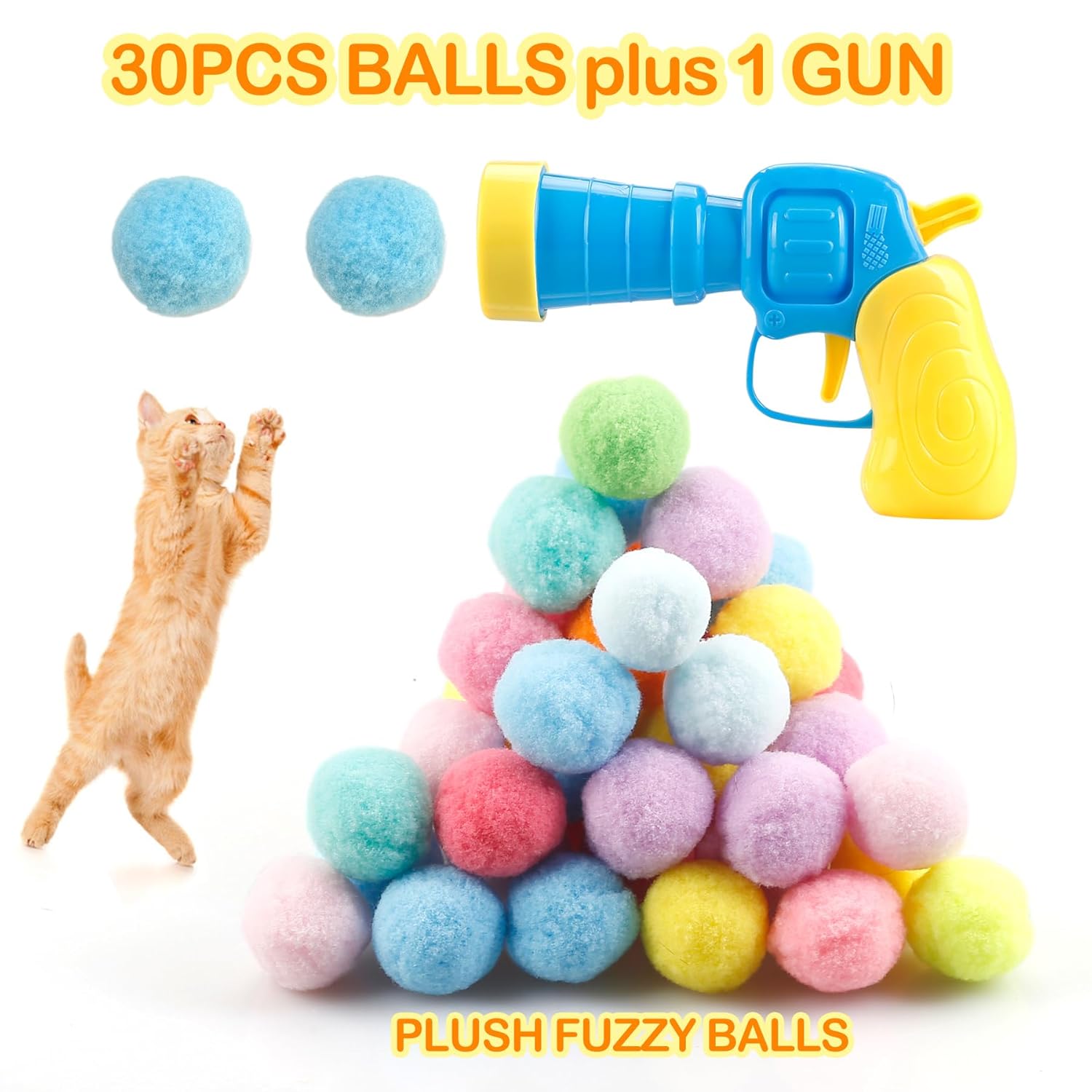 MeoHui 31Pcs Cat Ball Toy Launcher Gun,Cat Balls Fetch Toy,30Pcs Plush Fuzzy Balls Launcher Cat Toy for Cats with 1 Gun,Funny Interactive Cat Toys for Bored Indoor Adult...