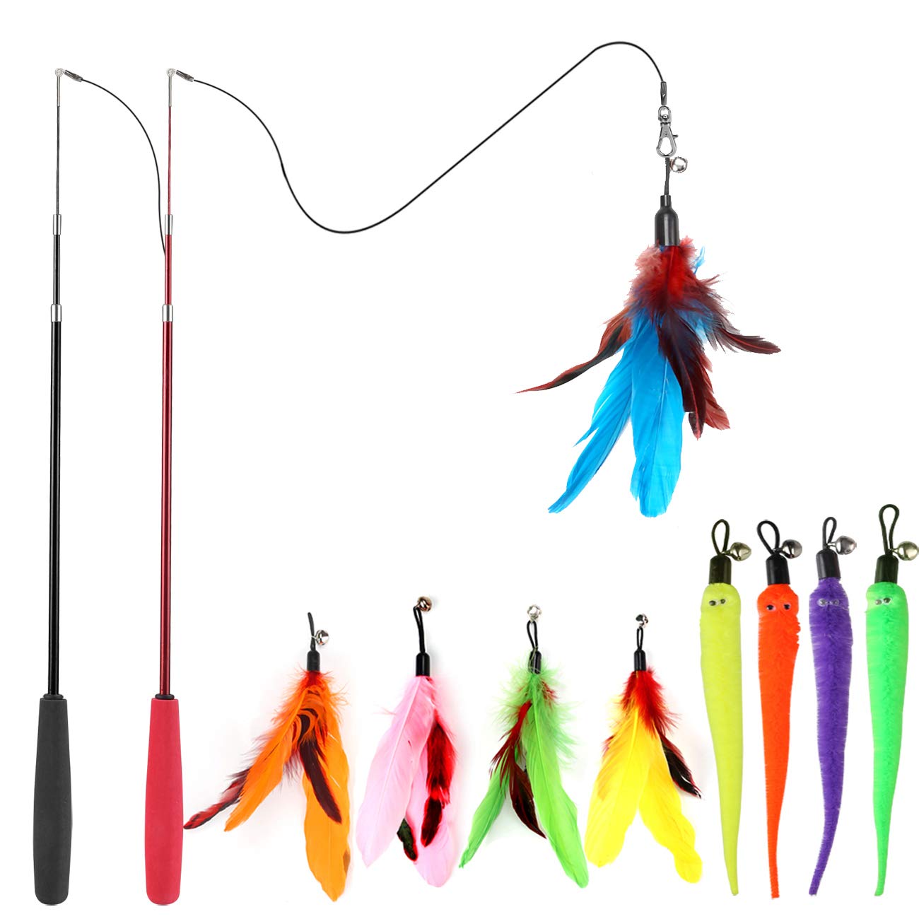 MeoHui Cat Toys for Indoor Cats, Interactive Cat Toy 2PCS Retractable Wand Toy and 9PCS Cat Feather Toys Refills, Funny Kitten Toys Cat Fishing Pole Toy for Bored Indoor Cats...
