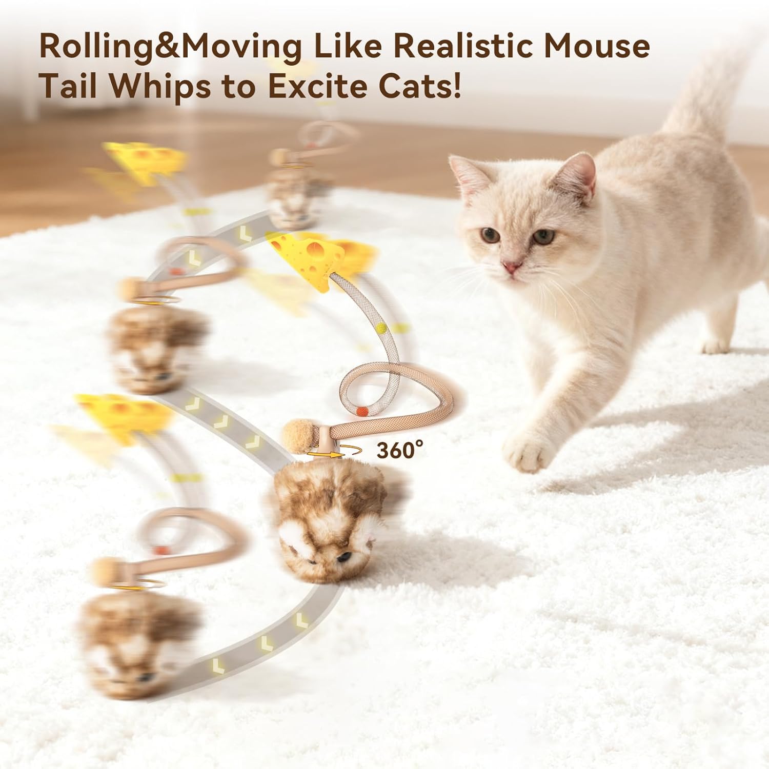 Migipaws Interactive MigiMouse Cat Toy 360° Rolling & Spin with Mesh Plastic Tail for Indoor Cats Smart Motion Sensor, Realistic Squeak, Rechargeable Plush Kitten Toy(Brown Long)