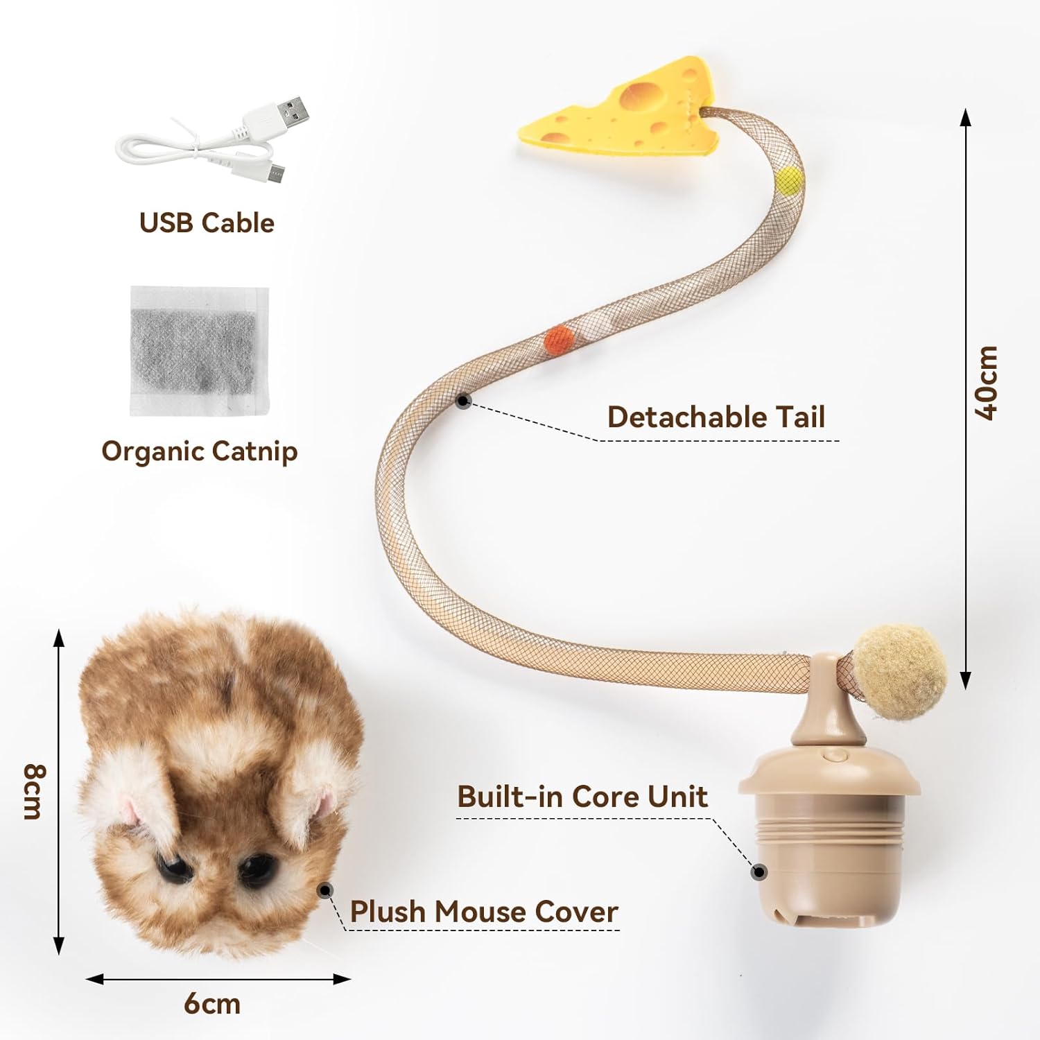 Migipaws Interactive MigiMouse Cat Toy 360° Rolling & Spin with Mesh Plastic Tail for Indoor Cats Smart Motion Sensor, Realistic Squeak, Rechargeable Plush Kitten Toy(Brown Long)