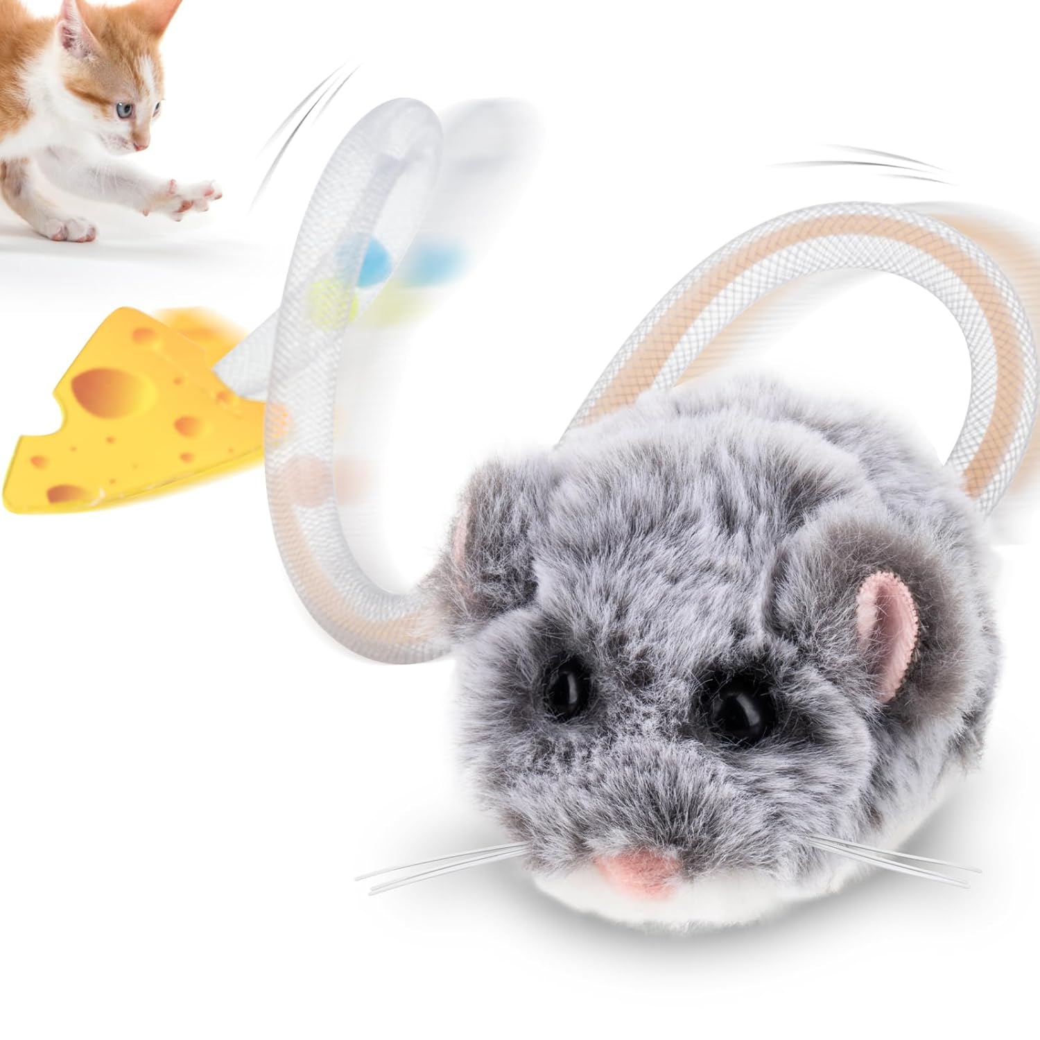 Migipaws Interactive MigiMouse Cat Toy 360° Rolling & Spin with Mesh Plastic Tail for Indoor Cats Smart Motion Sensor, Realistic Squeak, Rechargeable Plush Kitten Toy(Brown Long)