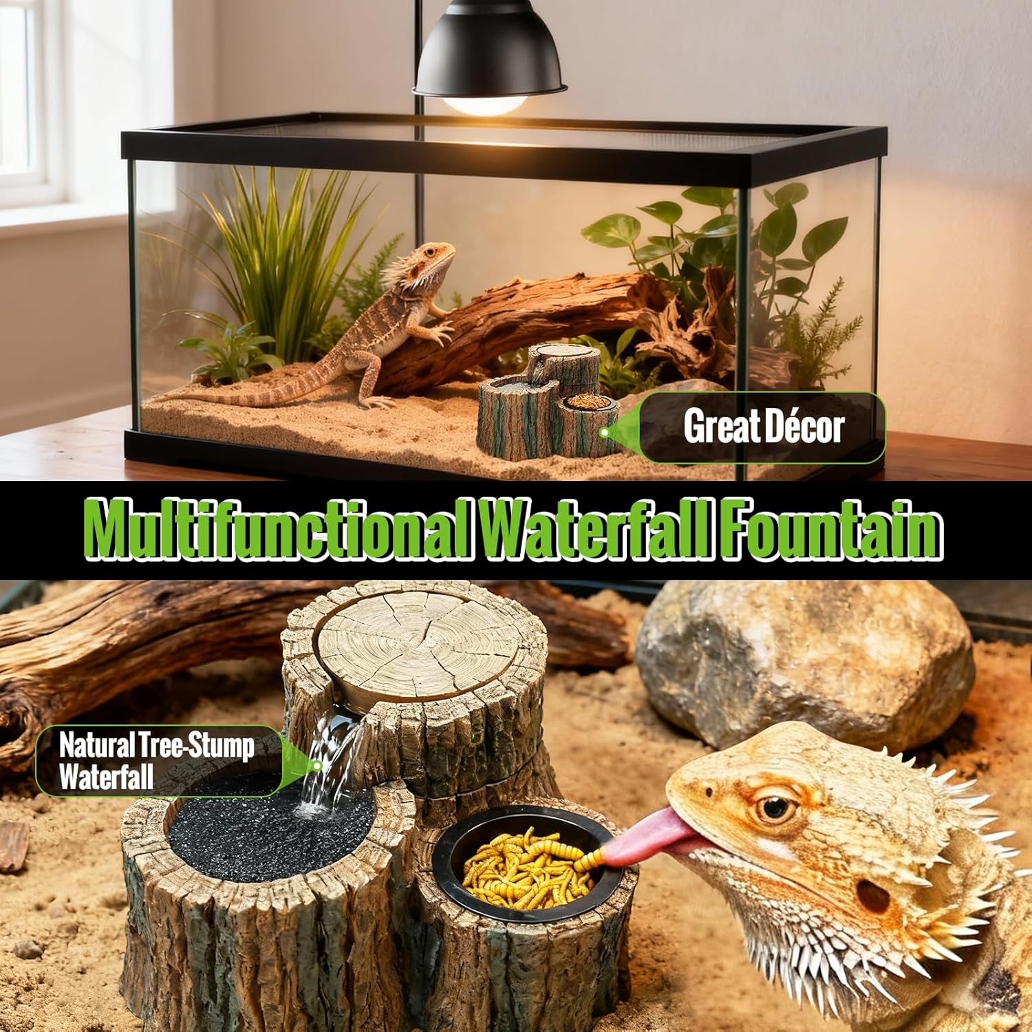 MIXJOY 2 in 1 Reptile Water Fountain with Food Dish 550ML, Reptile Waterfall Drinking Fountain with Adjustable Flow, Natural Resin, Reptile Water Dispenser for Bearded Dragon...