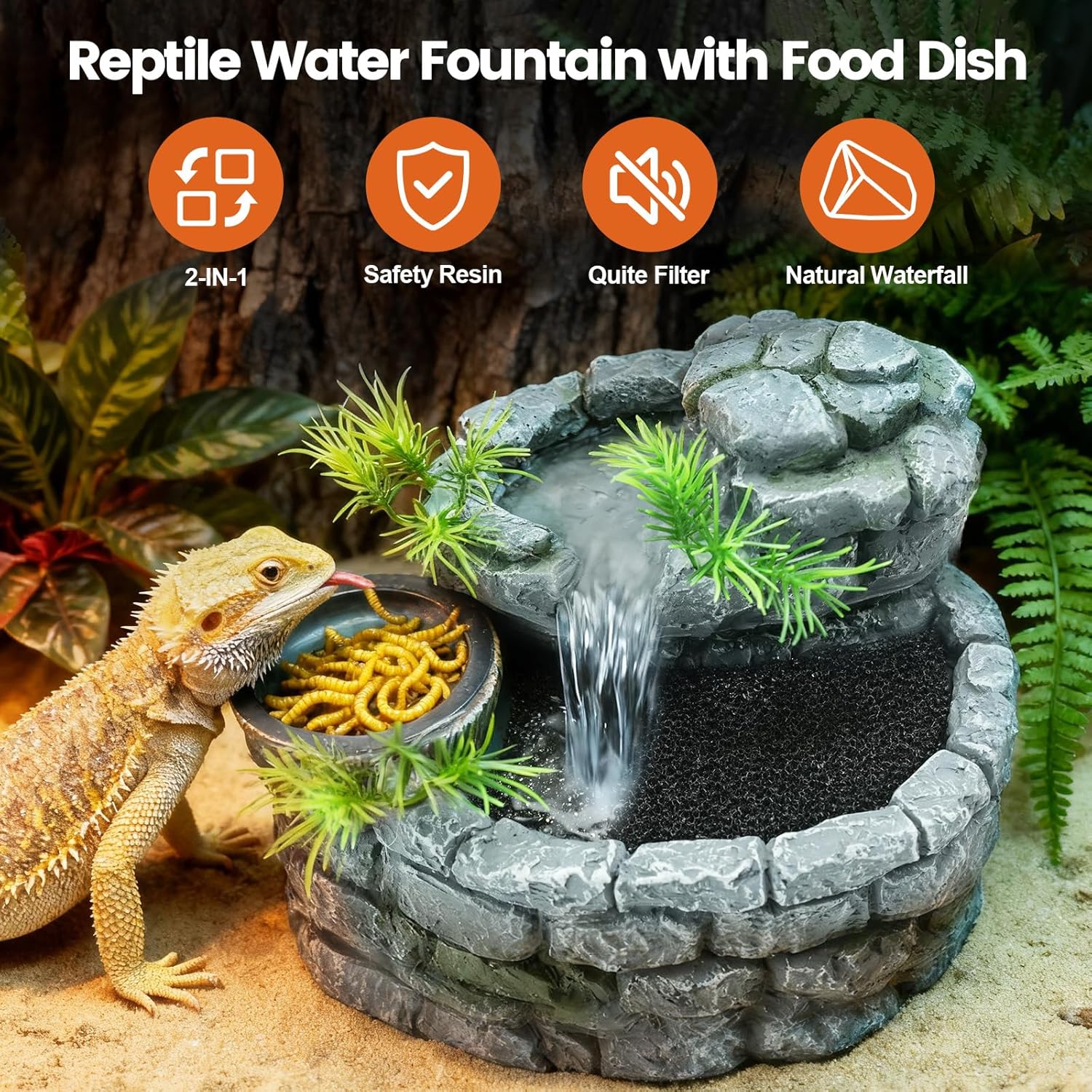 MIXJOY 2 in 1 Reptile Water Fountain with Food Dish 550ML, Terrarium Reptile Waterfall Drinking Fountain, Reptile Water Dispenser for Bearded Dragon Gecko Tree Frog Turtle...