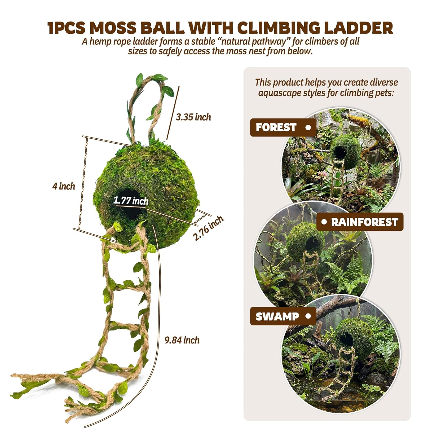 Moss Cave Hideout with Hanging Rope & Hemp Climbing Ladder – Natural Reptile Tank Decor Accessories for Crested Geckos, Chameleons, Tree Frogs, Leopard Geckos & Snakes....