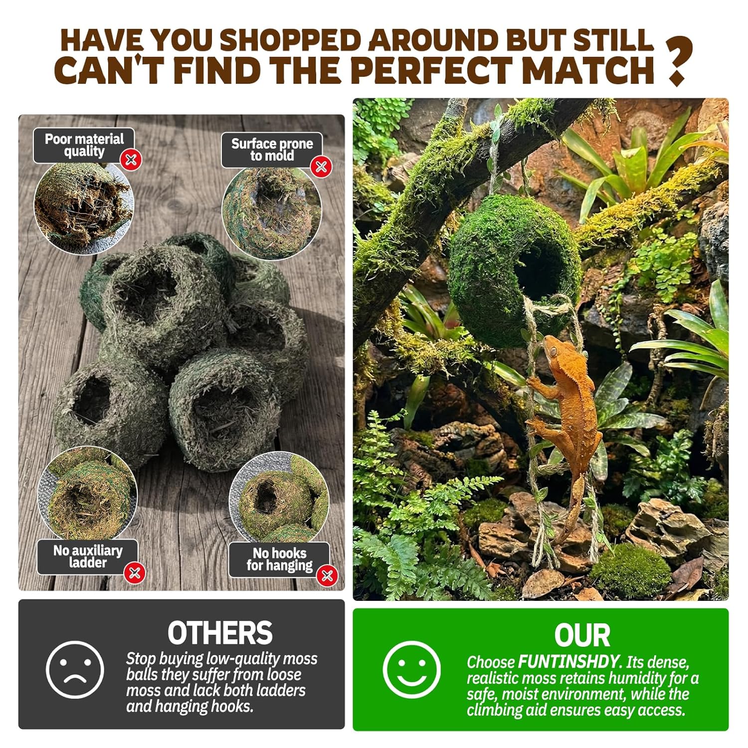 Moss Cave Hideout with Hanging Rope & Hemp Climbing Ladder – Natural Reptile Tank Decor Accessories for Crested Geckos, Chameleons, Tree Frogs, Leopard Geckos & Snakes....