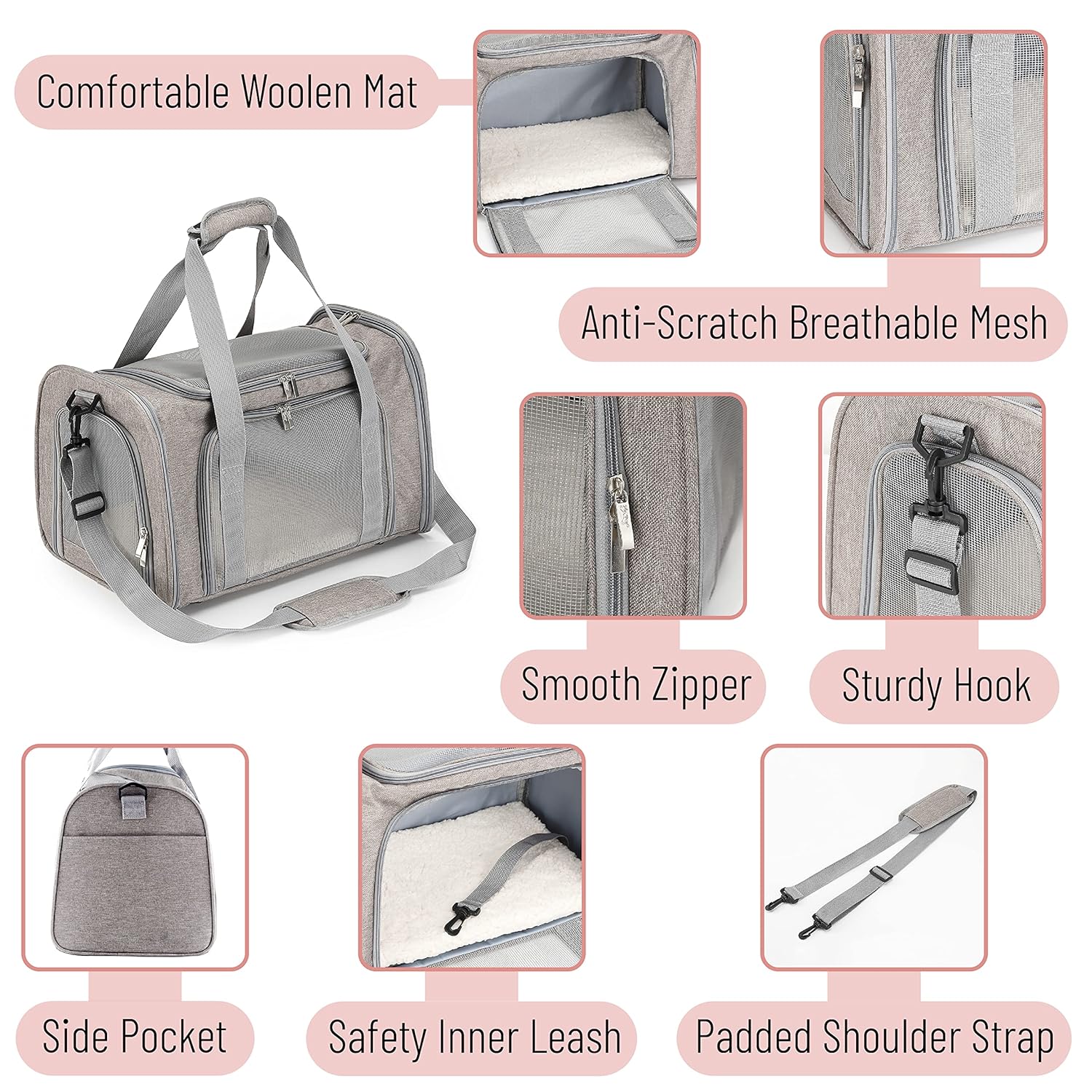 Mr. Pen- Pet Carrier, 17.5" x 11.2" x 11.5", Medium Size, Gray, Portable Travel Carrier for Small Pets, Cats & Small Dogs, Breathable Mesh, Safety Inner Leash, Side Pocket &...
