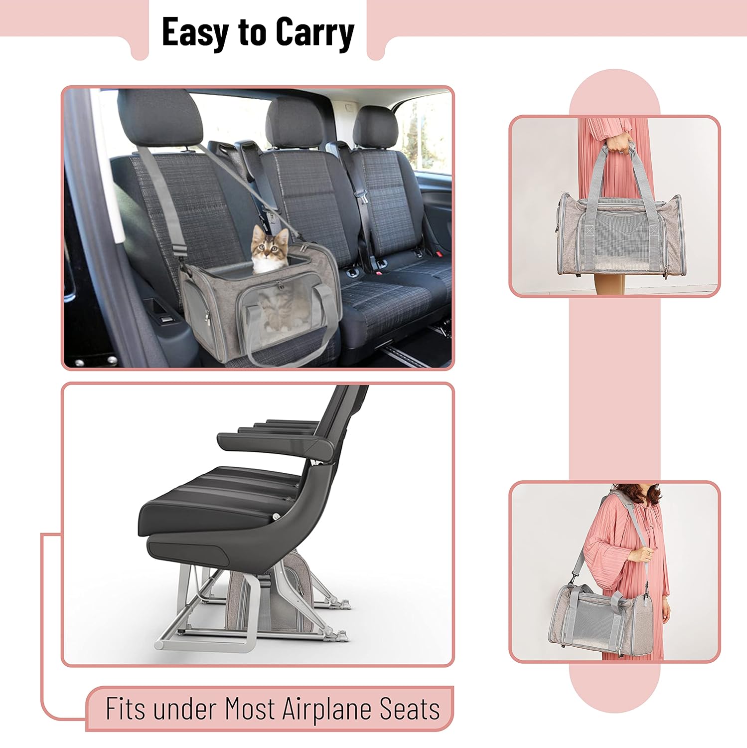 Mr. Pen- Pet Carrier, 17.5" x 11.2" x 11.5", Medium Size, Gray, Portable Travel Carrier for Small Pets, Cats & Small Dogs, Breathable Mesh, Safety Inner Leash, Side Pocket &...