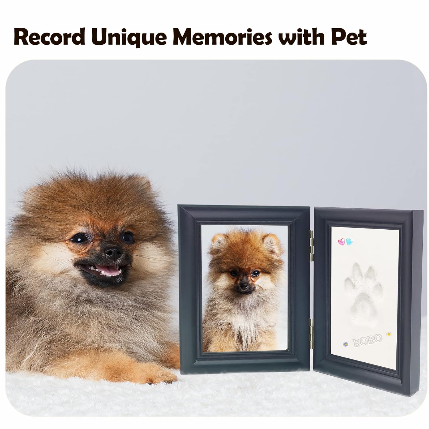 MYPAWLETS Dog or Cat Paw Print Kit with Trinkets,Pet paw Print Impression kit with 2 Clay,Wooden Dog Picture Frame,Personalized Gift Keepsake for Pet Lovers-Black