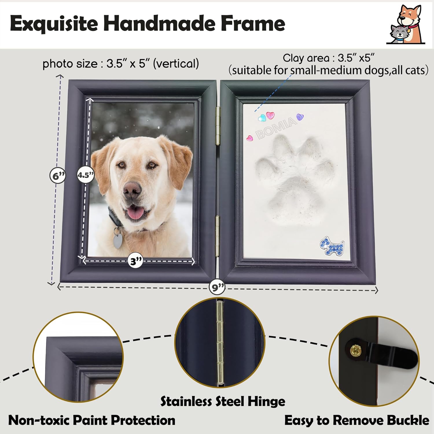 MYPAWLETS Dog or Cat Paw Print Kit with Trinkets,Pet paw Print Impression kit with 2 Clay,Wooden Dog Picture Frame,Personalized Gift Keepsake for Pet Lovers-Black