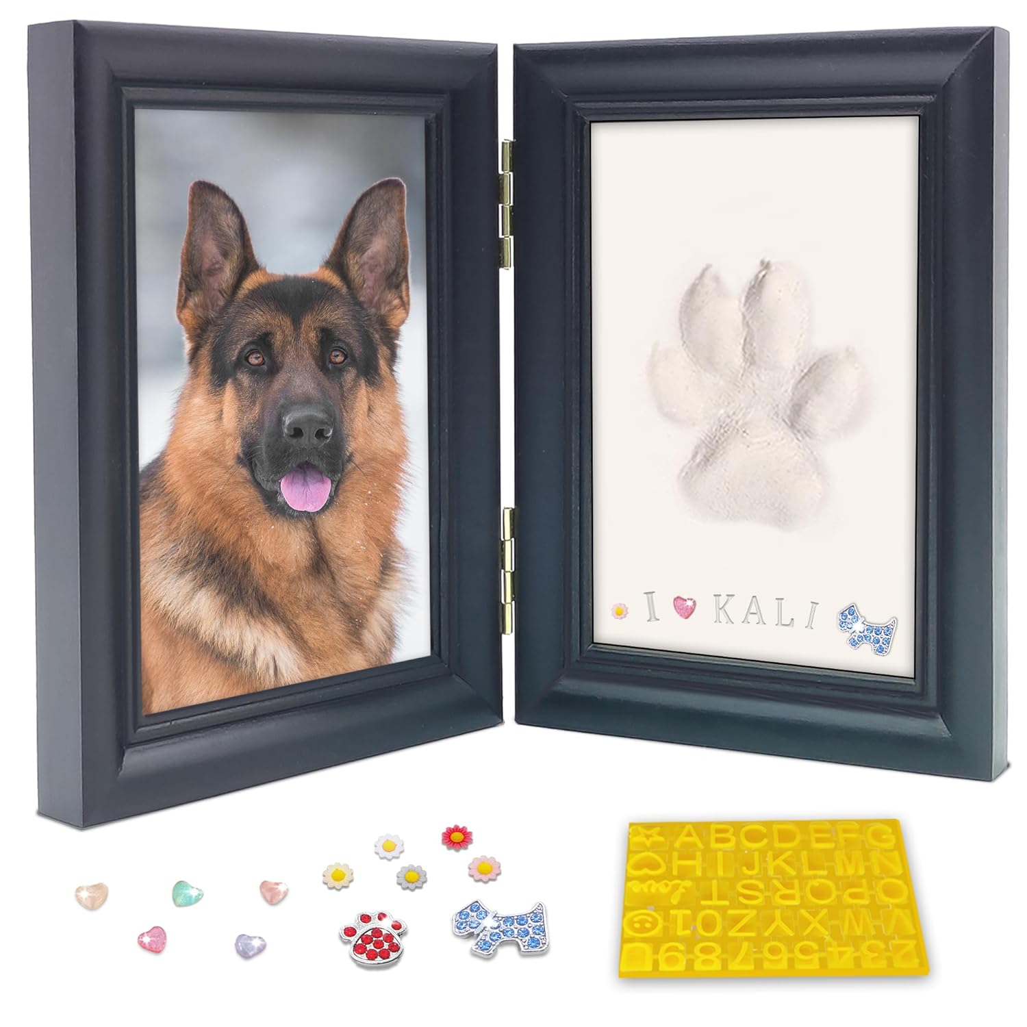 MYPAWLETS Dog or Cat Paw Print Kit with Trinkets,Pet paw Print Impression kit with 2 Clay,Wooden Dog Picture Frame,Personalized Gift Keepsake for Pet Lovers-Black