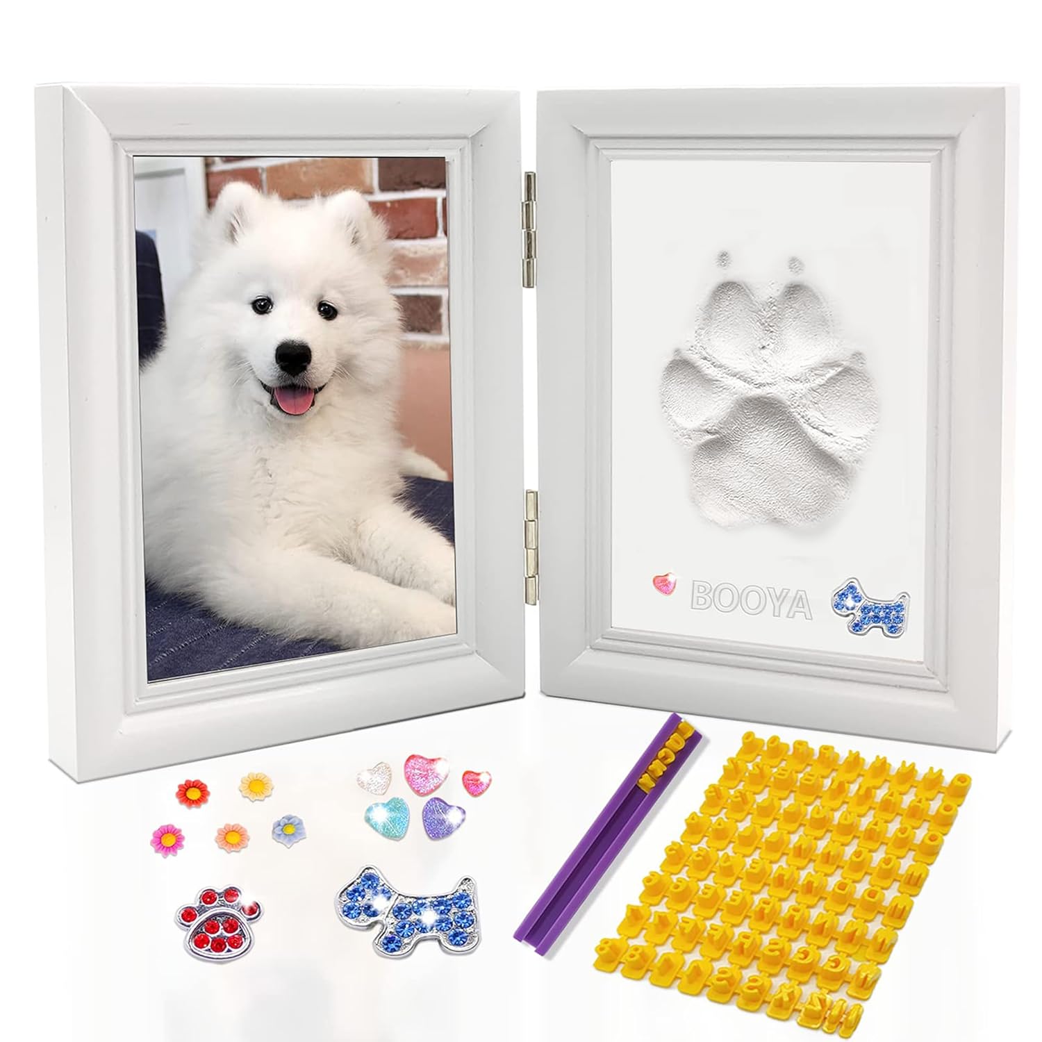 MYPAWLETS Dog or Cat Paw Print Kit with Trinkets,Pet paw Print Impression kit with 2 Clay,Wooden Dog Picture Frame,Personalized Gift Keepsake for Pet Lovers-Black