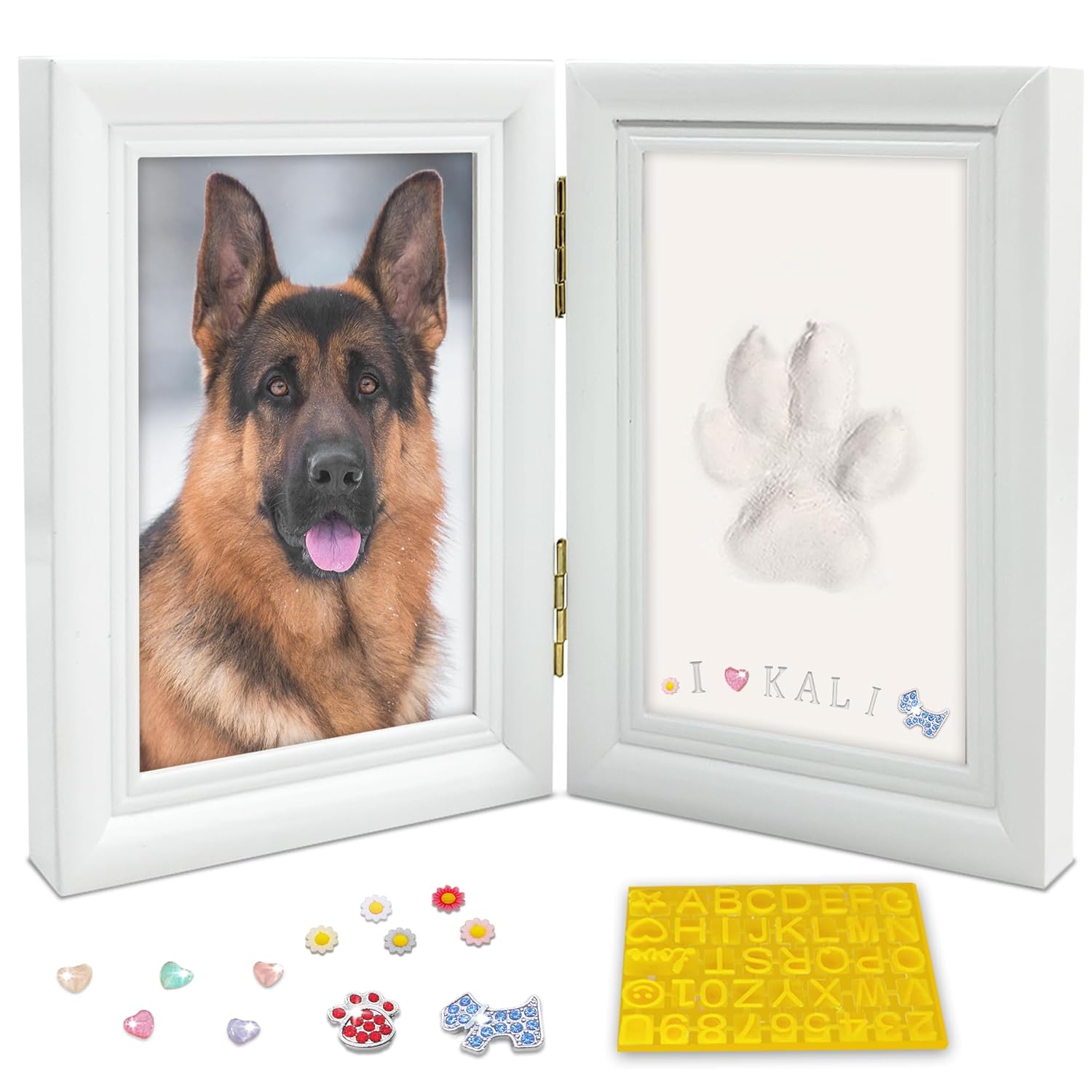 MYPAWLETS Dog or Cat Paw Print Kit with Trinkets,Pet paw Print Impression kit with 2 Clay,Wooden Dog Picture Frame,Personalized Gift Keepsake for Pet Lovers-Black