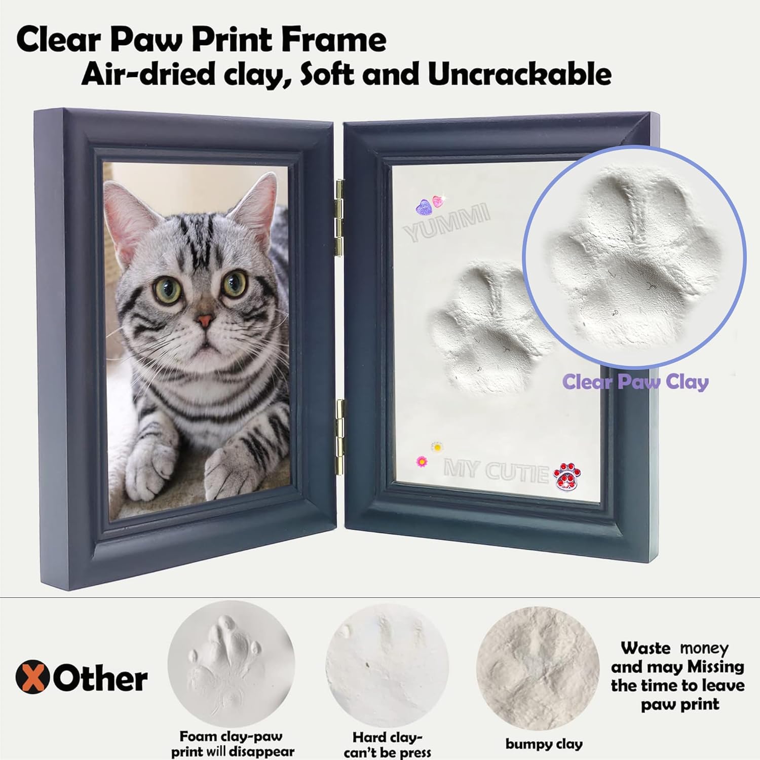 MYPAWLETS Dog or Cat Paw Print Kit with Trinkets,Pet paw Print Impression kit with 2 Clay,Wooden Dog Picture Frame,Personalized Gift Keepsake for Pet Lovers-Black