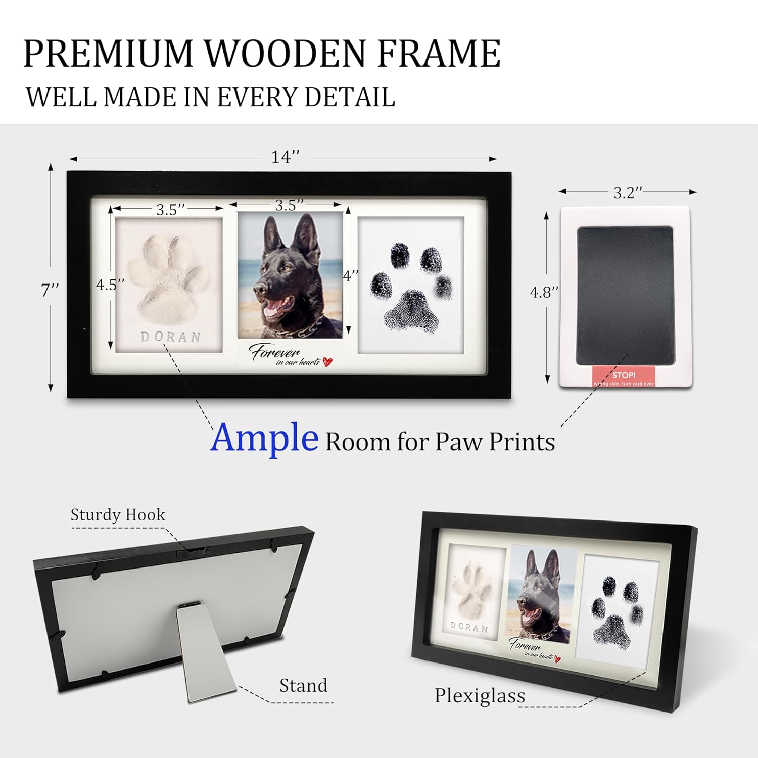 MYPAWLETS Paw Print Frame Kit,Dog/Cat Paw Print Kit,Soft Pawprint Clay&Clean Touch Ink Pad,Pet Paw Print Impression Kit with Customization Tool,Wooden Pet Memorial Frame,DIY Dog...