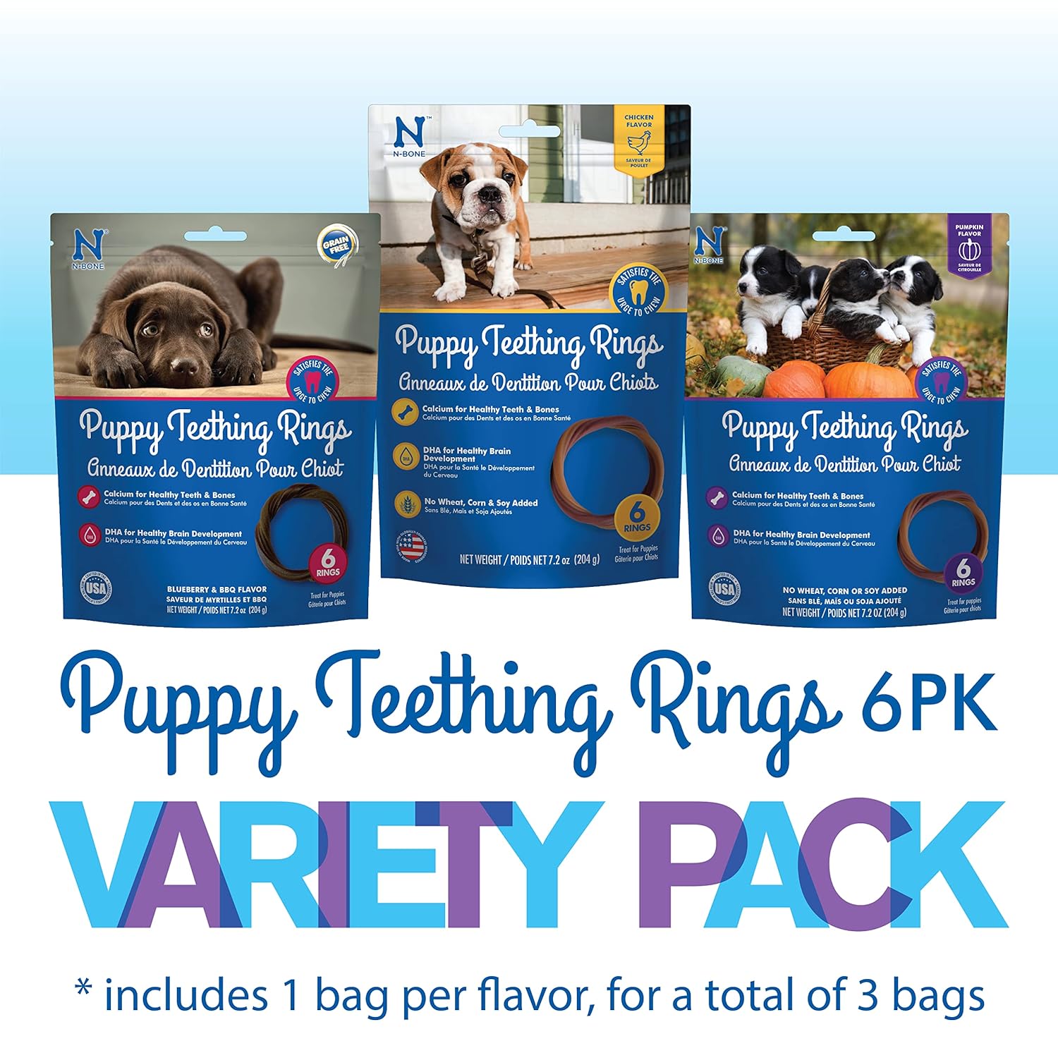 N-Bone Puppy Teething Rings 6 Count Bag Variety Pack, Chicken & Pumpkin & Blueberry BBQ Flavor, Total 3 Bags, 21.6-oz, 18 Rings