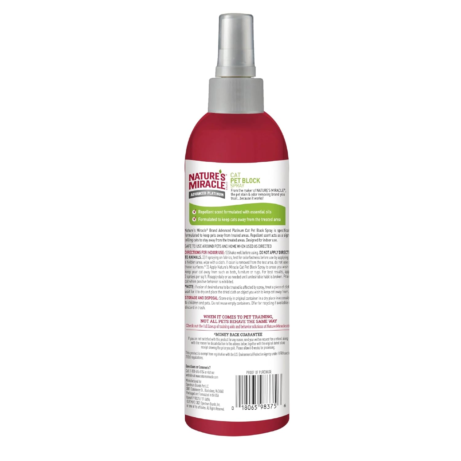 Nature's Miracle Advanced Platinum Cat Pet Block Repellent Spray, 8 Ounces, Indoor Training Aid for Cats