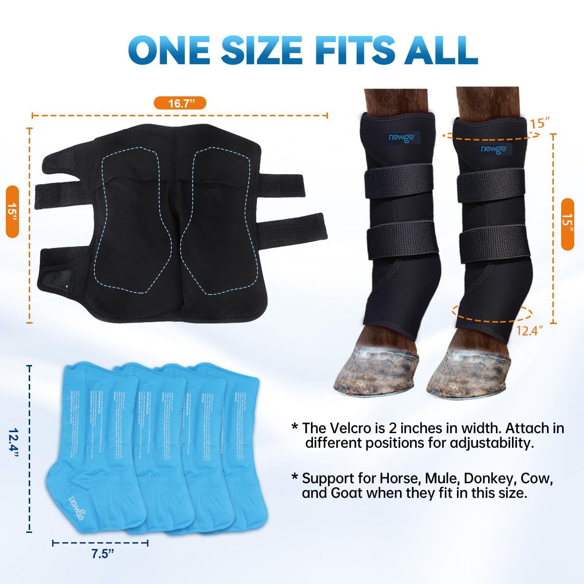 NEWGO Horse Ice Pack Reusable Horse Leg Wrap for Injury, Cooling Horse Knee Wrap Full Coverage Leg Ice Boot Cold Pack 2 Wrap with 4 Gel Packs for Knee, Legs, Boots, and Hooves