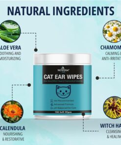 NOVEHA 150 PCs Cat Ear Wipes that Gently Clean & Soothe Sensitive Cat Ears; Soft Ear Cleaner for Removing Wax, Dirt & Odor; Alcohol-Free Ear Care with pH Balanced Formula;...