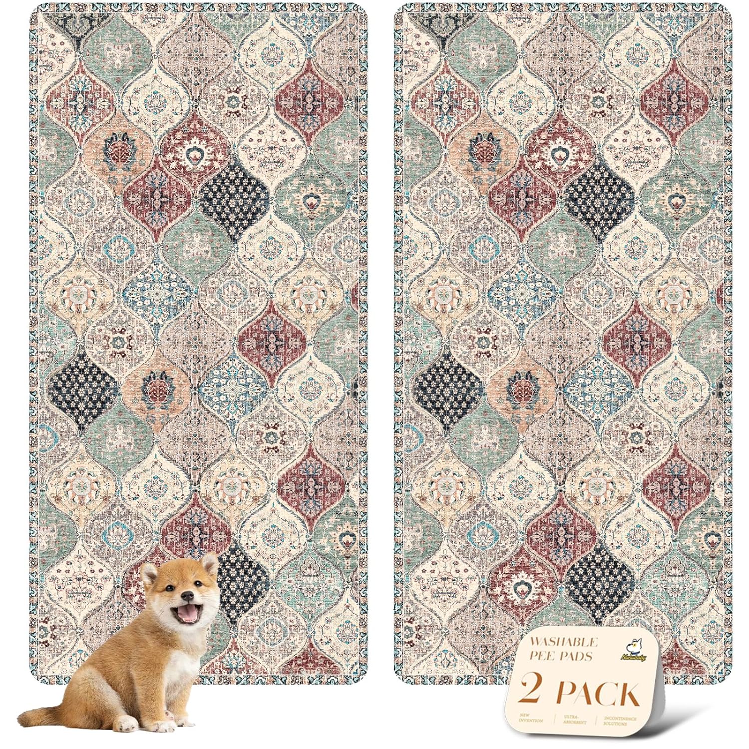 nunubaby Washable Pee Pads for Dogs, Stylish, Non-Slip and Leak-Proof Pee Mat. ultra-absorbent Reusable potty pad for Crates and Floors.(Cream/Multi, 18" x24" )