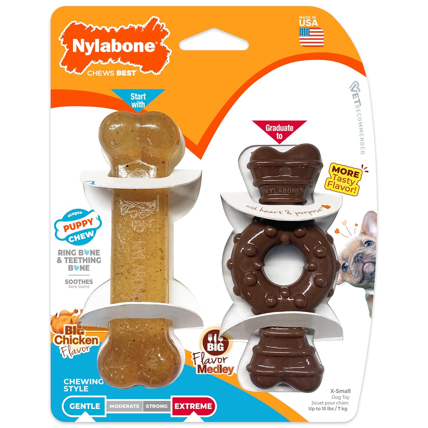 Nylabone Ring Bone Chew Toy for Puppies, Puppy Teething Toys, Puppy Enrichment Toys, Chicken Flavor, X-Small Dogs - Up to 15 lbs, 2 Pack
