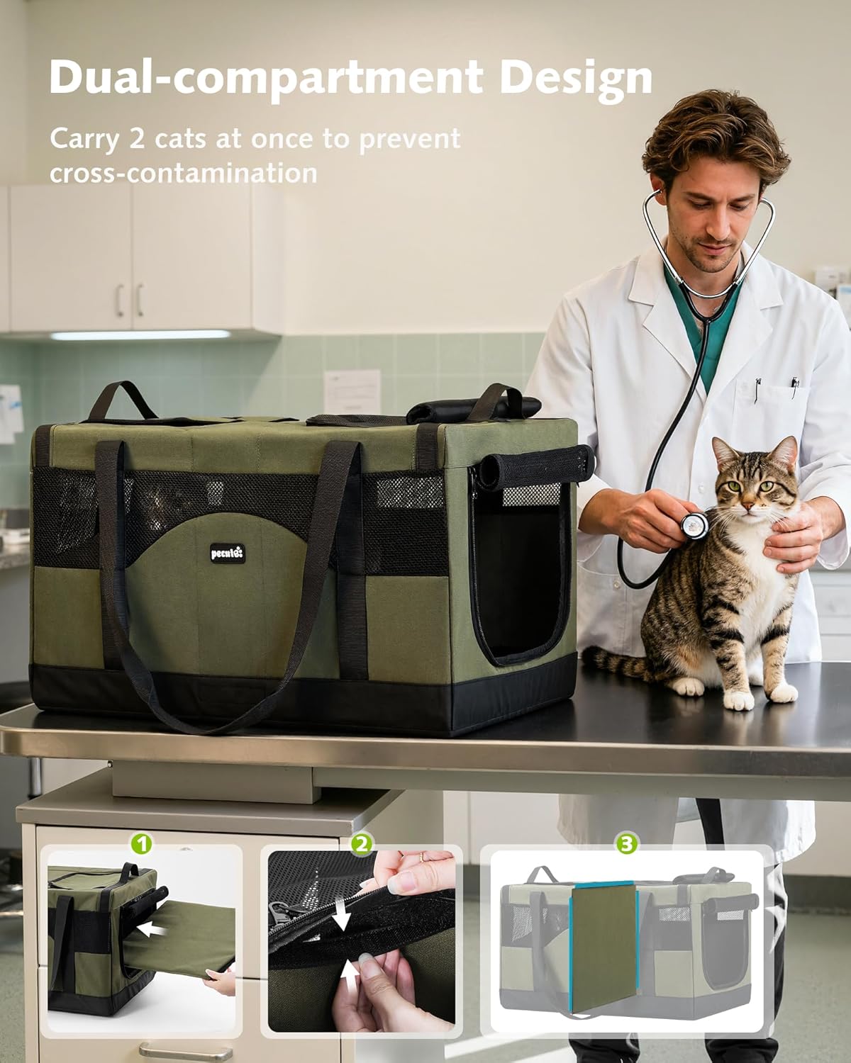 Pecute Dual Compartment Pet Carrier for Multi-Cat Families & Small Dog Owners, Collapsible Dog Crate with Reinforced Steel Frame, Car Safety Design for Travel, Vet Visits & Home...