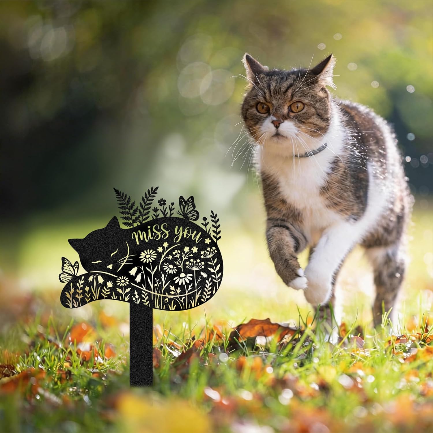 Pet Grave Markers Cat - Memorial Cemetery Decorations for Grave Metal Remembrance Plaque for Outdoors Waterproof Butterfly Flower Graveyard Signs Yard Decor Loss of Cats...