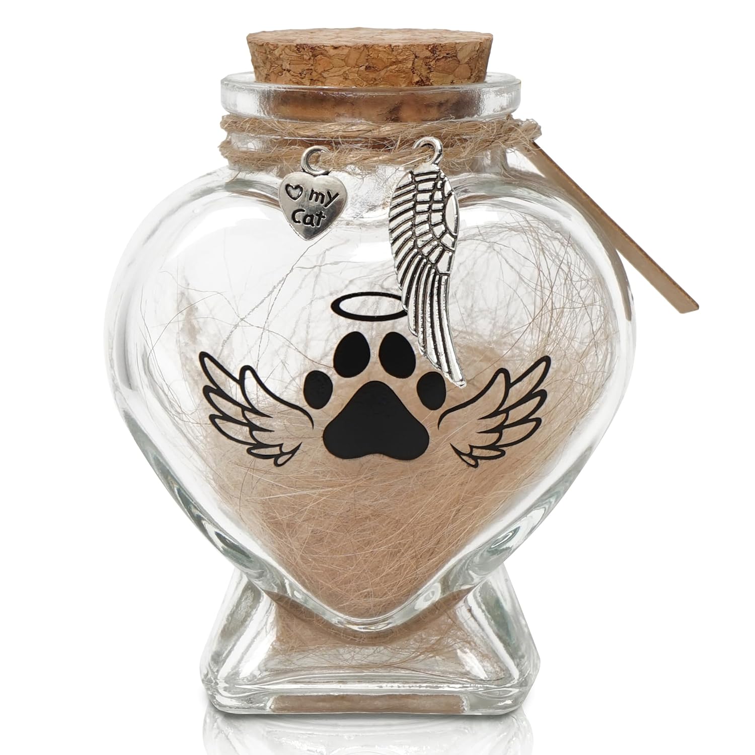 Pet Memorial Gift for Loss of Dog or Cat, Heart Shape Glass Jar & Bottle for Fur, Hair, Whiskers or Ashes Keepsake Urn with Cork Top, Charms for Cute Rainbow Bridge Memorial, Dog