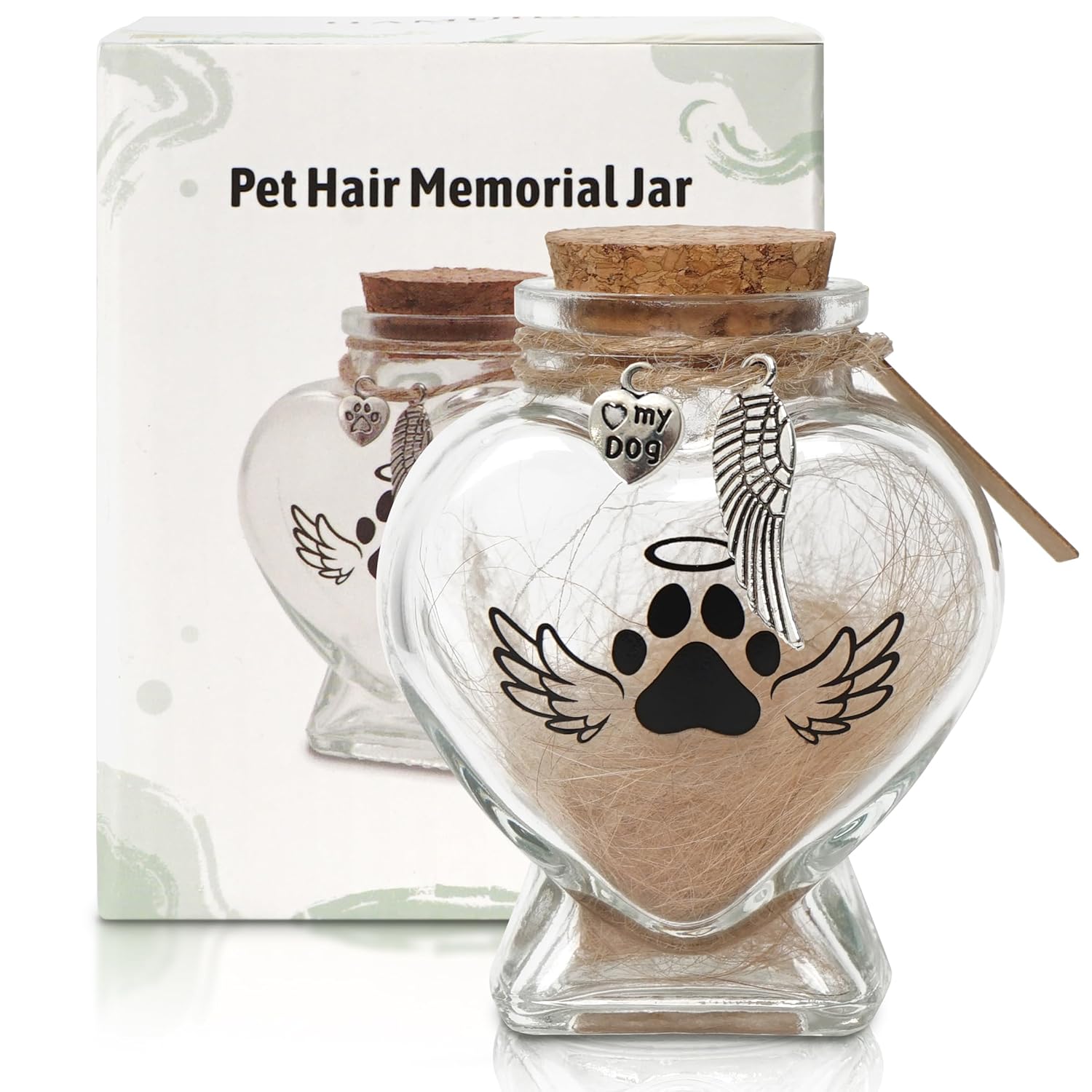 Pet Memorial Gift for Loss of Dog or Cat, Heart Shape Glass Jar & Bottle for Fur, Hair, Whiskers or Ashes Keepsake Urn with Cork Top, Charms for Cute Rainbow Bridge Memorial, Dog