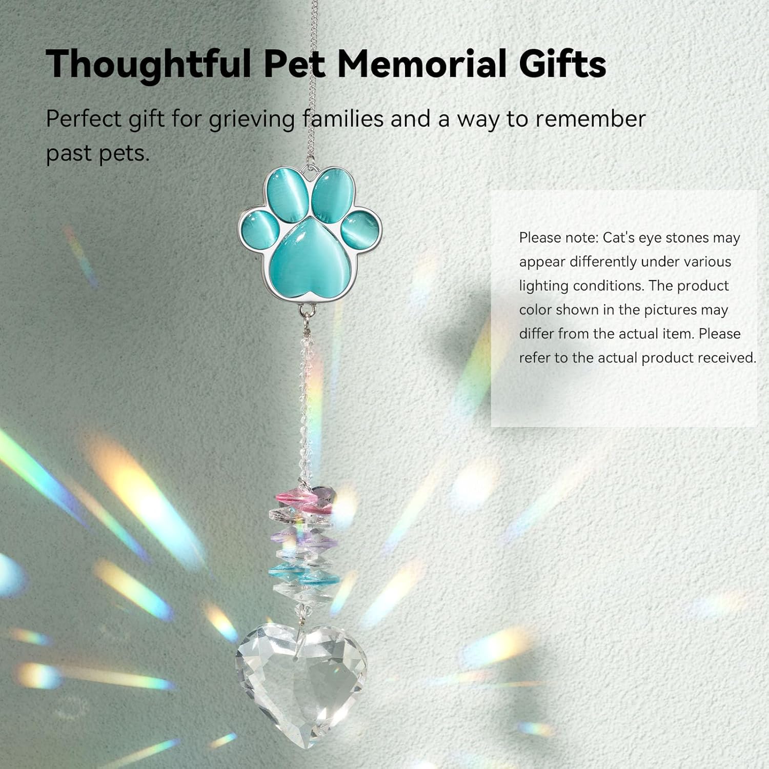 Pet Memorial Suncatcher - Dog Memorial Gifts, Pet Loss Sympathy, Thoughtful Dogs and Cats Bereavement Remembrance Gifts, Natural Cat's Eye Paw Crystal Suncatcher(Peacock Blue)