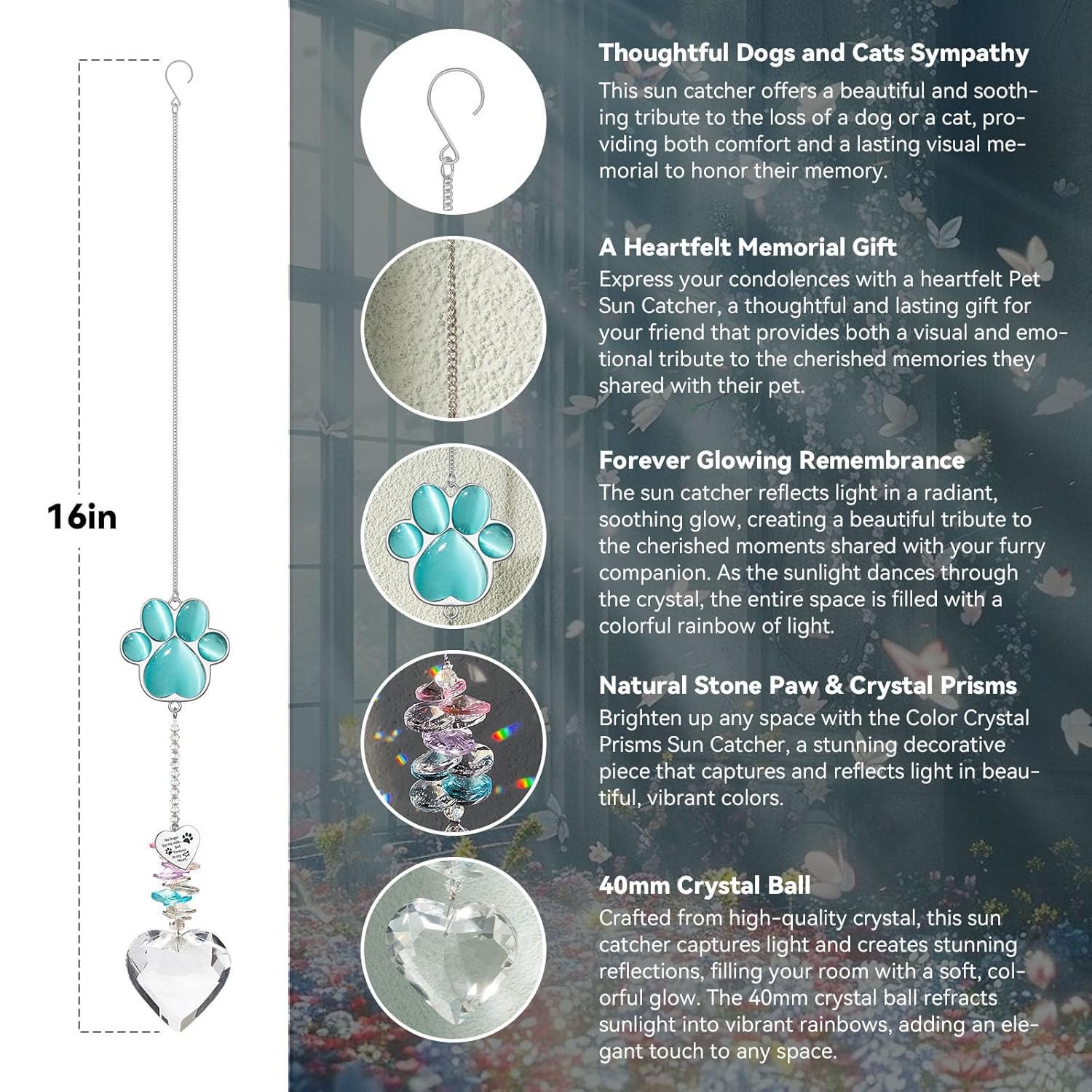 Pet Memorial Suncatcher - Dog Memorial Gifts, Pet Loss Sympathy, Thoughtful Dogs and Cats Bereavement Remembrance Gifts, Natural Cat's Eye Paw Crystal Suncatcher(Peacock Blue)