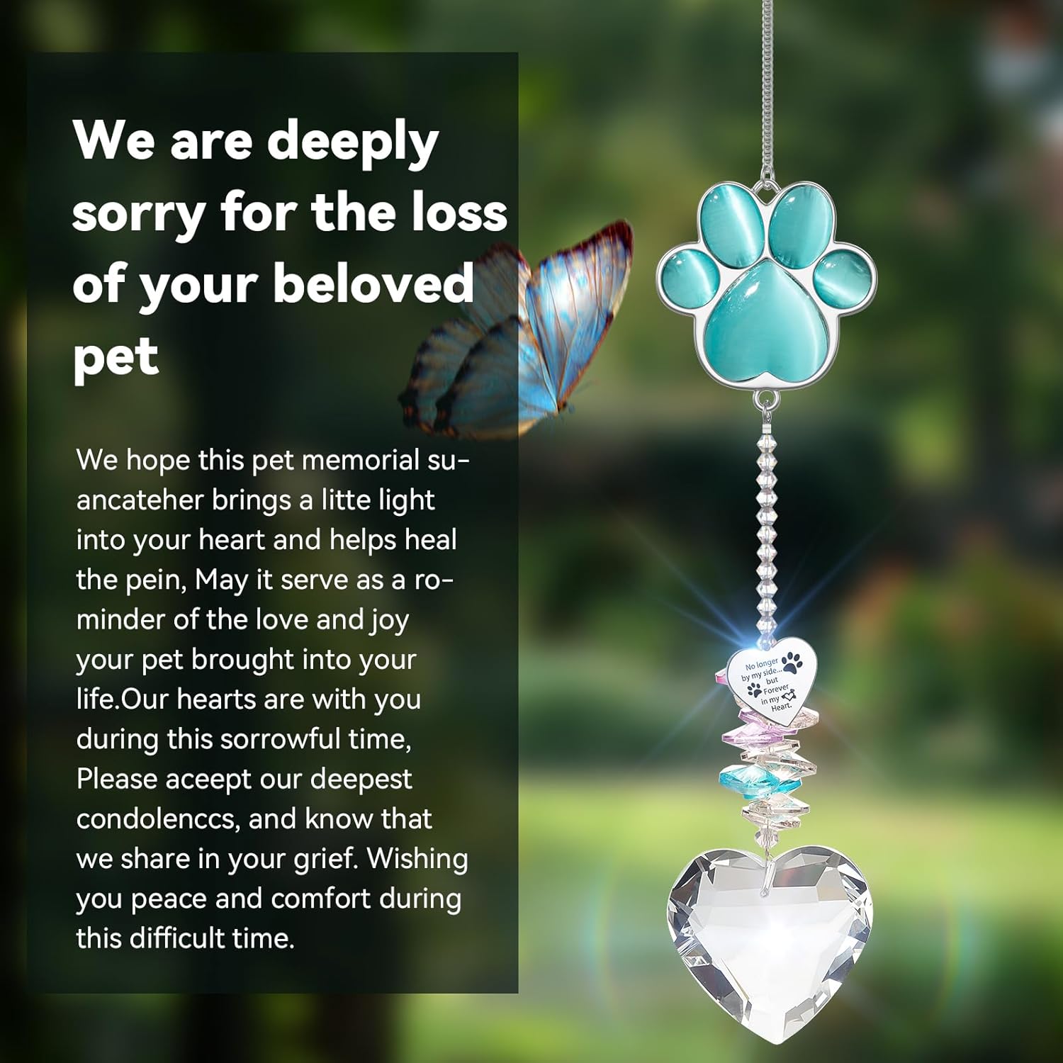 Pet Memorial Suncatcher - Dog Memorial Gifts, Pet Loss Sympathy, Thoughtful Dogs and Cats Bereavement Remembrance Gifts, Natural Cat's Eye Paw Crystal Suncatcher(Peacock Blue)
