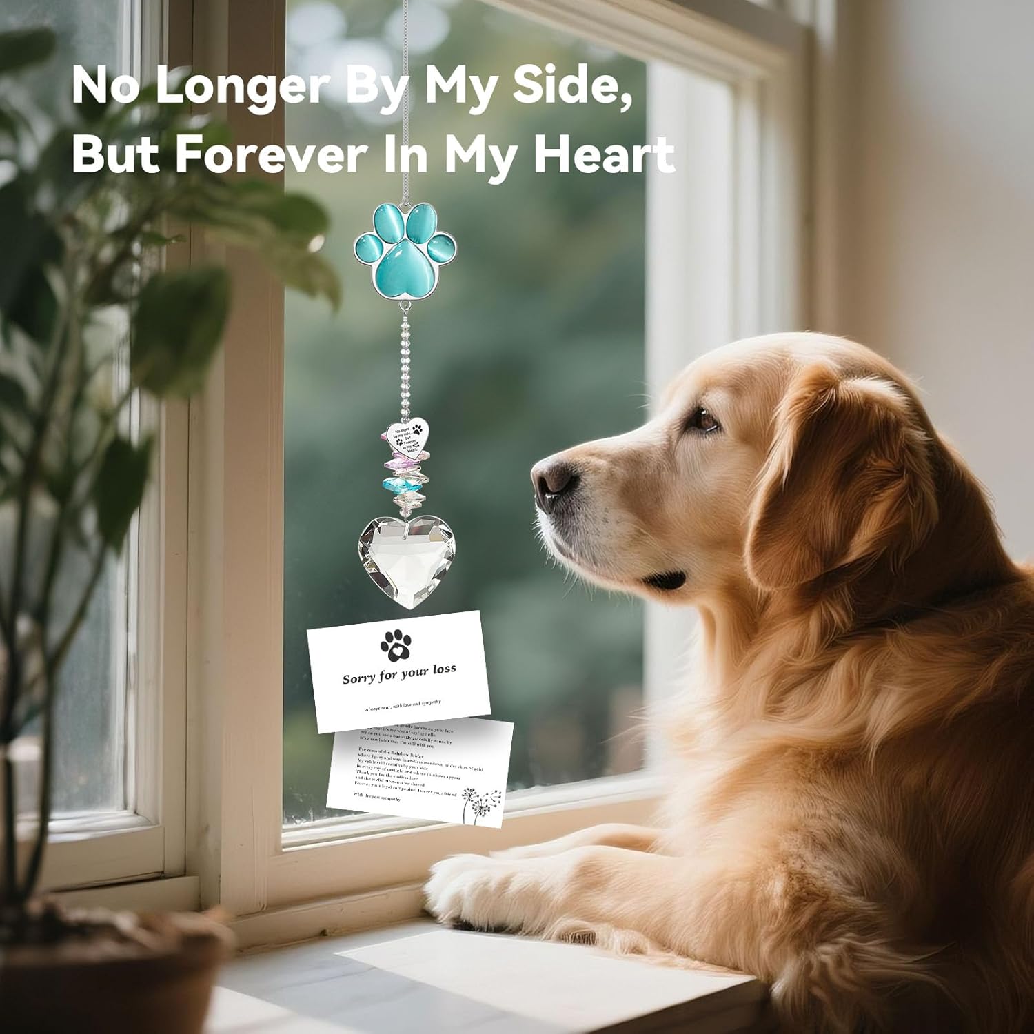 Pet Memorial Suncatcher - Dog Memorial Gifts, Pet Loss Sympathy, Thoughtful Dogs and Cats Bereavement Remembrance Gifts, Natural Cat's Eye Paw Crystal Suncatcher(Peacock Blue)