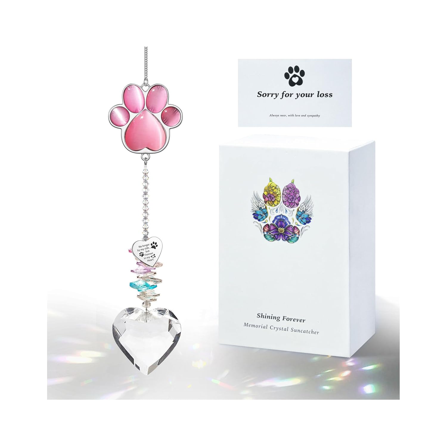 Pet Memorial Suncatcher - Dog Memorial Gifts, Pet Loss Sympathy, Thoughtful Dogs and Cats Bereavement Remembrance Gifts, Natural Cat's Eye Paw Crystal Suncatcher(Peacock Blue)