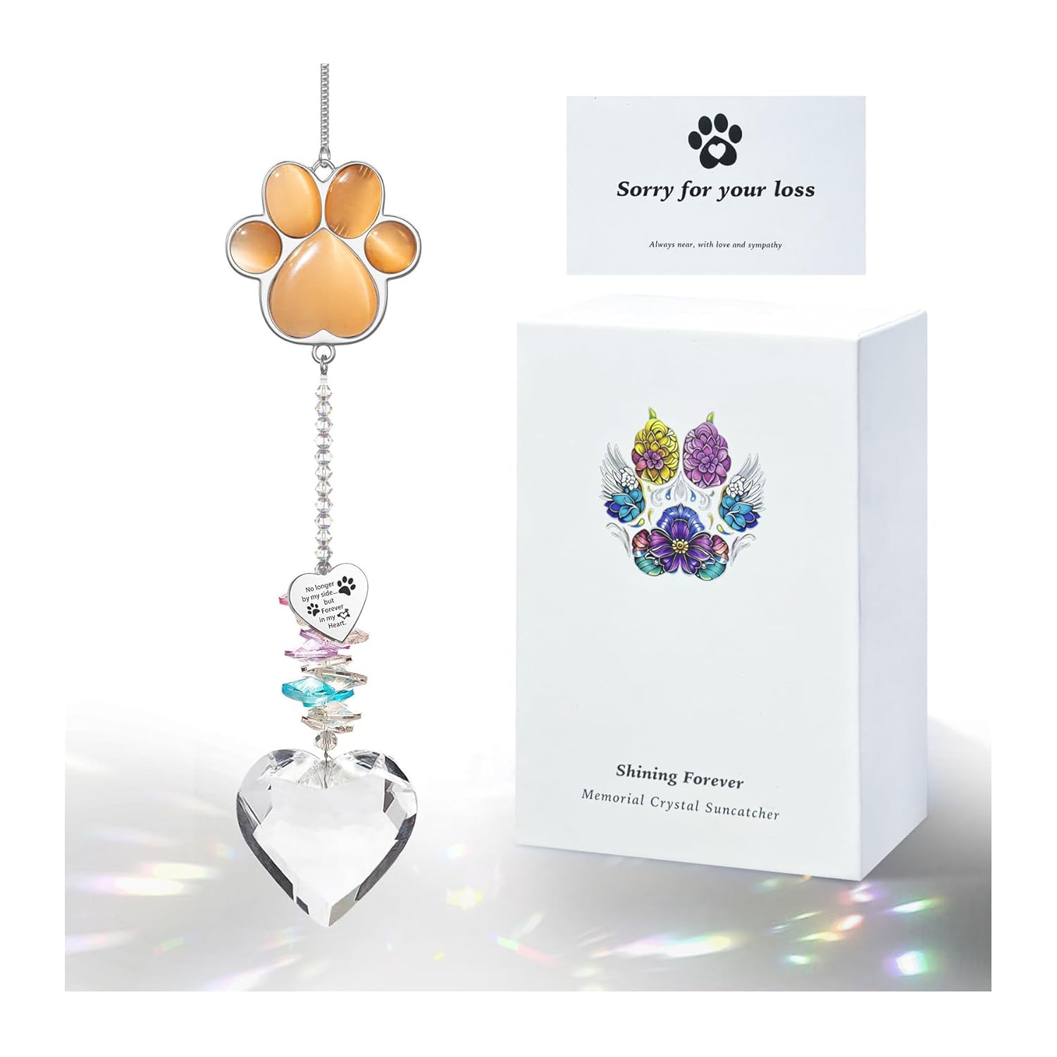 Pet Memorial Suncatcher - Dog Memorial Gifts, Pet Loss Sympathy, Thoughtful Dogs and Cats Bereavement Remembrance Gifts, Natural Cat's Eye Paw Crystal Suncatcher(Peacock Blue)