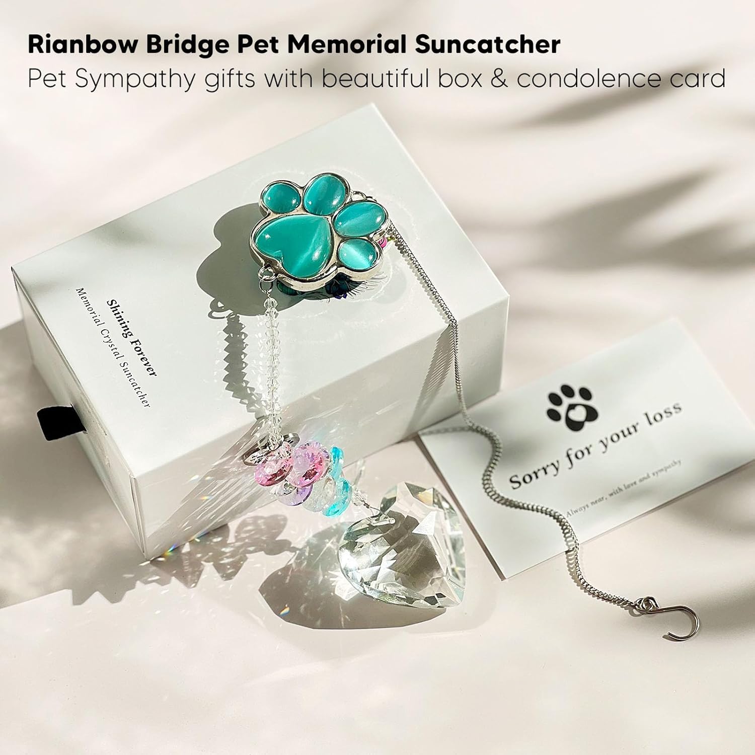 Pet Memorial Suncatcher - Dog Memorial Gifts, Pet Loss Sympathy, Thoughtful Dogs and Cats Bereavement Remembrance Gifts, Natural Cat's Eye Paw Crystal Suncatcher(Peacock Blue)