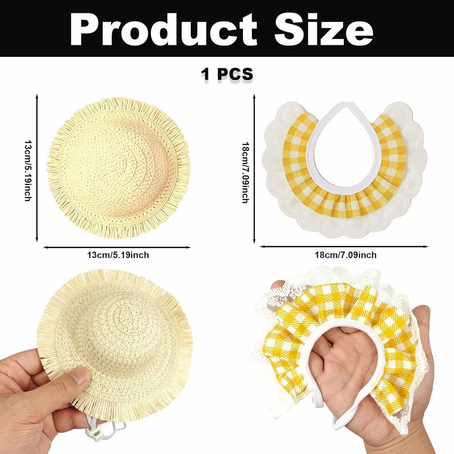 Pet Straw Hat & Lace Collar Set, Adjustable Summer Outfit for Dogs, Cats & Goose Duck Farm Animals, Yellow Gingham Pet Costume for Photoshoots & Daily Wear Accessories