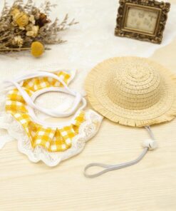 Pet Straw Hat & Lace Collar Set, Adjustable Summer Outfit for Dogs, Cats & Goose Duck Farm Animals, Yellow Gingham Pet Costume for Photoshoots & Daily Wear Accessories