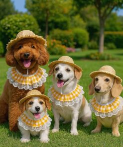 Pet Straw Hat & Lace Collar Set, Adjustable Summer Outfit for Dogs, Cats & Goose Duck Farm Animals, Yellow Gingham Pet Costume for Photoshoots & Daily Wear Accessories