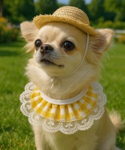 Pet Straw Hat & Lace Collar Set, Adjustable Summer Outfit for Dogs, Cats & Goose Duck Farm Animals, Yellow Gingham Pet Costume for Photoshoots & Daily Wear Accessories