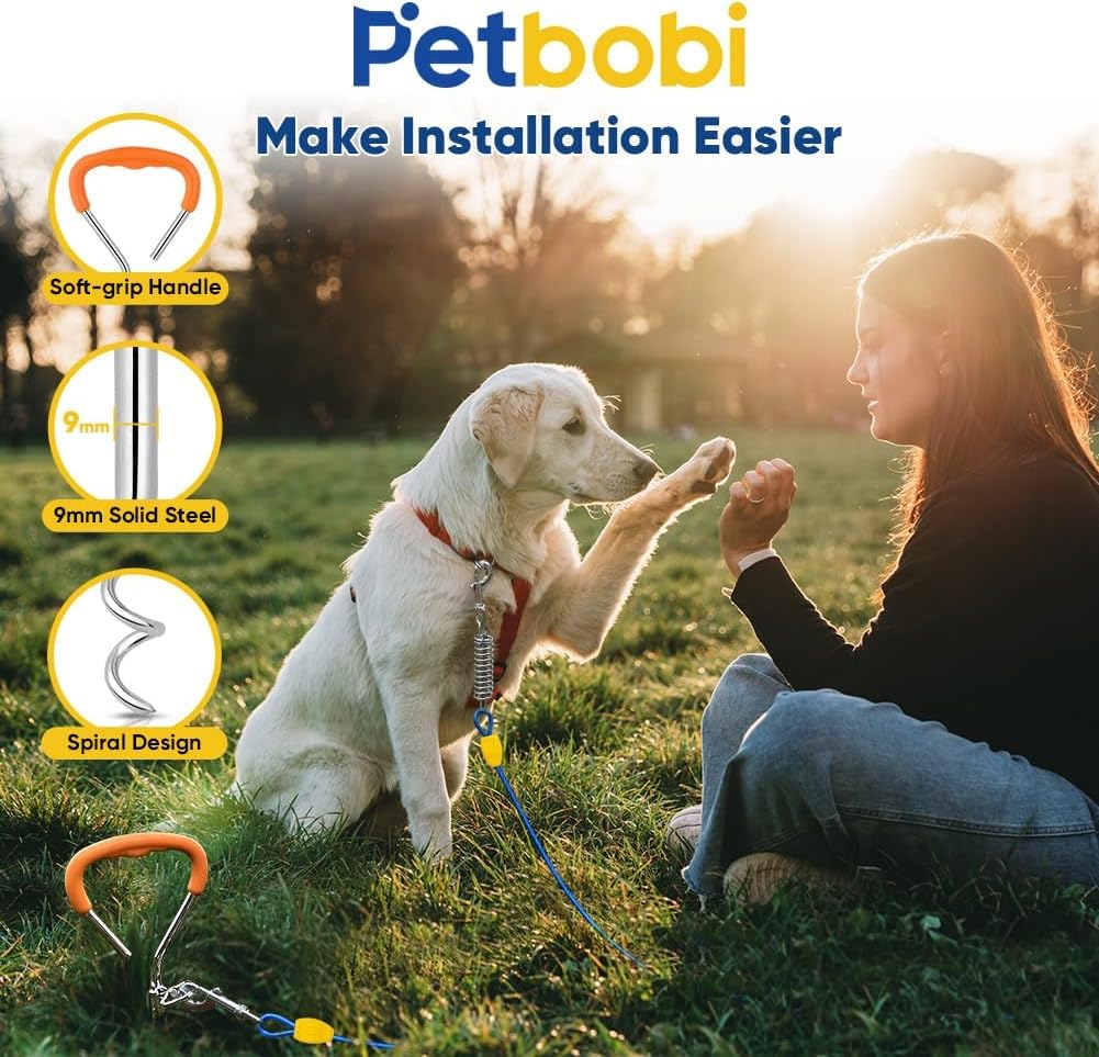 Petbobi Dog Tie-Out Cable and Stake - 30ft Heavy Duty Cable with Spring, No Tangle, 16in Ground Stake, Ideal for Yard, Camping and Beach, Suitable for Small Medium Large Dogs Up...