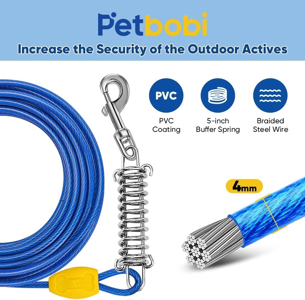 Petbobi Dog Tie-Out Cable and Stake - 30ft Heavy Duty Cable with Spring, No Tangle, 16in Ground Stake, Ideal for Yard, Camping and Beach, Suitable for Small Medium Large Dogs Up...