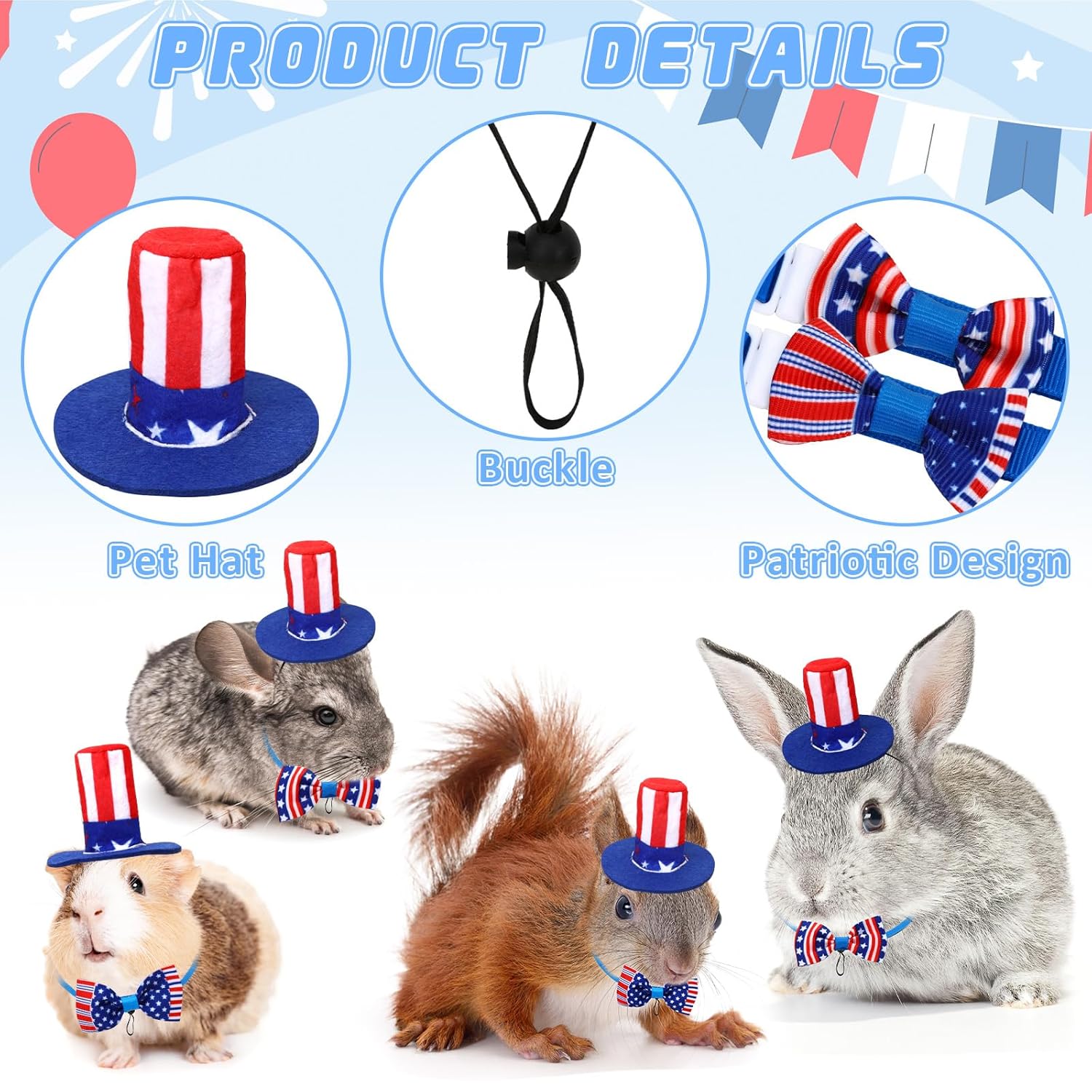 PETKNOWS 6 Pcs Pet Independence Day Costume, Uncle Sam's Hat for July 4th American Flag Tie for Rabbits Guinea Pigs and Small Pets Costumes